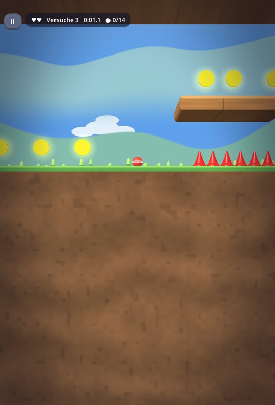 Fingerball im Spiel: ein roter Ball rollt über eine Wiese mit leuchtenden Coins und roten Dornen